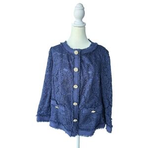 Luisa Spagnoli Blue Lace Jacket Pearl Button IT 48 Made Italy Feminine Elegant
